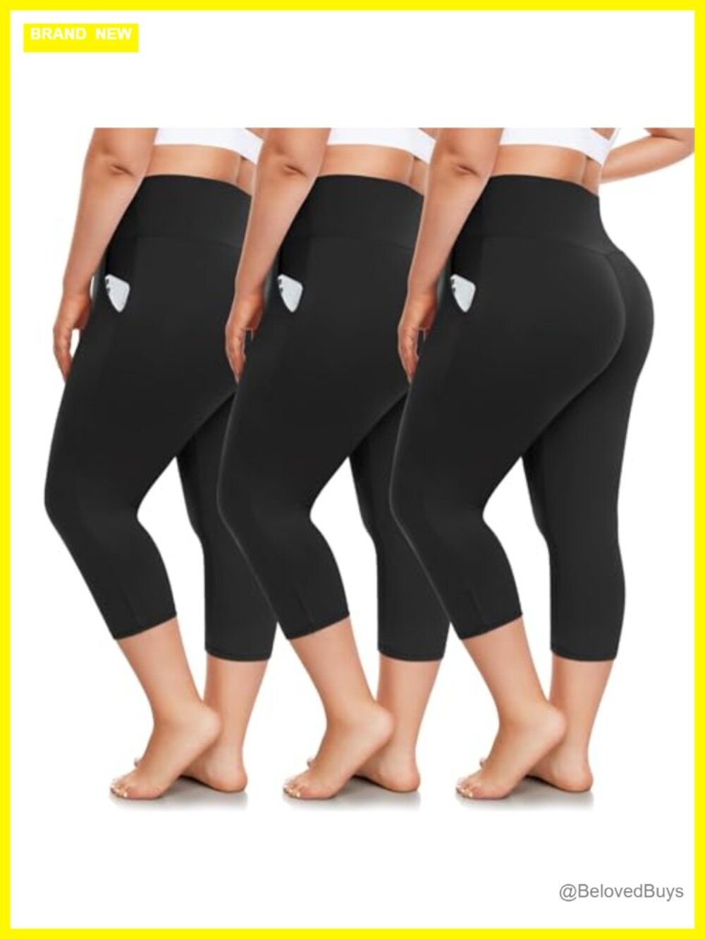 Plus Size Capri Leggings with Pockets High Waist Tummy Control 3 Pack